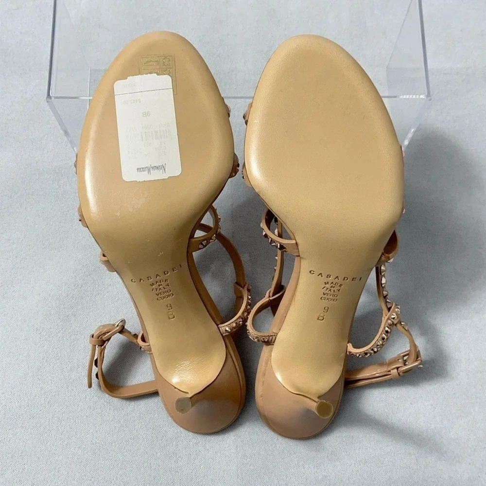 Casadei Heels 9 B Tan Strappy Sandals Stud Crystals Never Worn